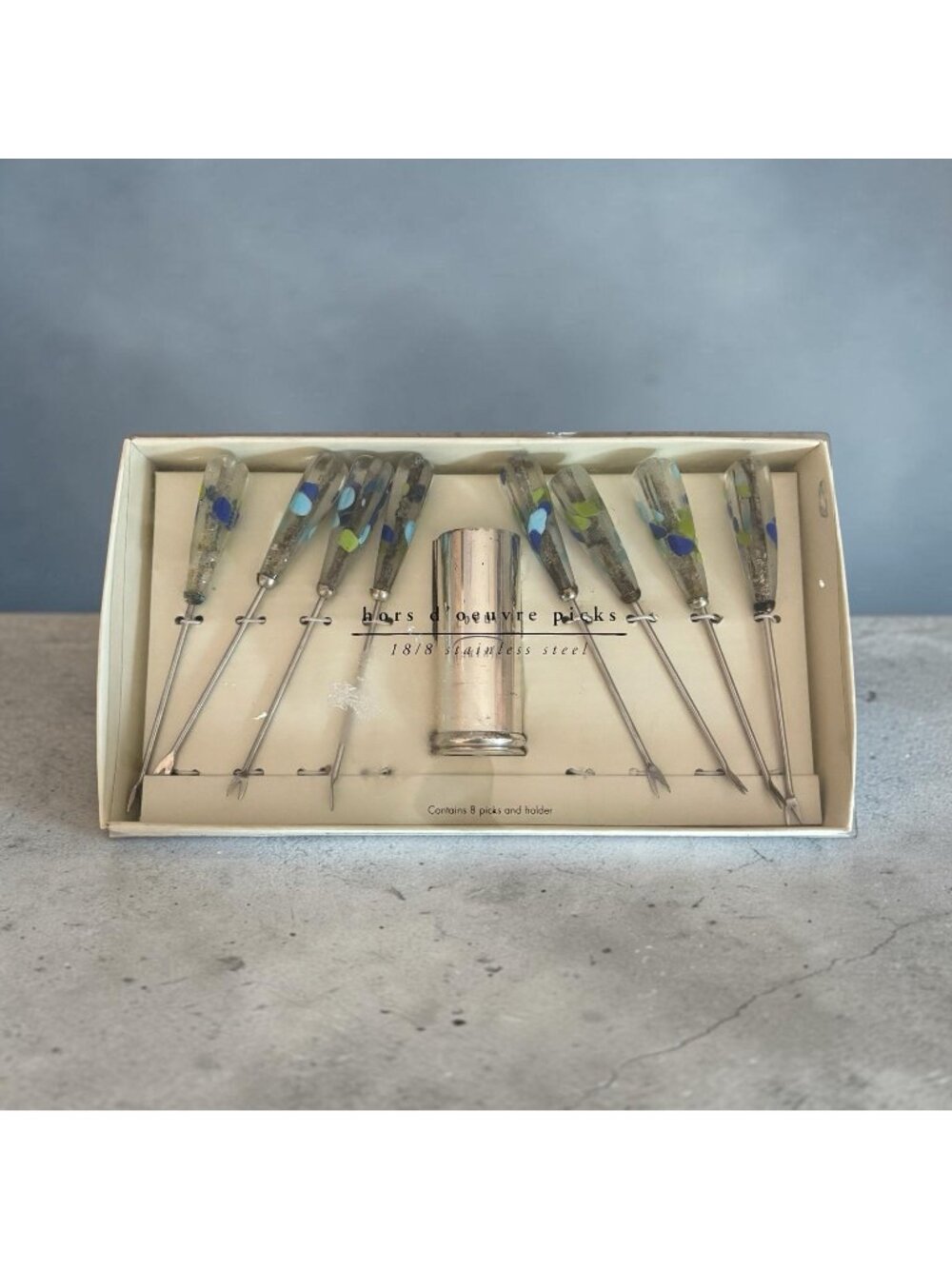 Vintage In Box Pier One 1 Hors D’oeuvre Picks Set 8 Appetizer Serving Blue